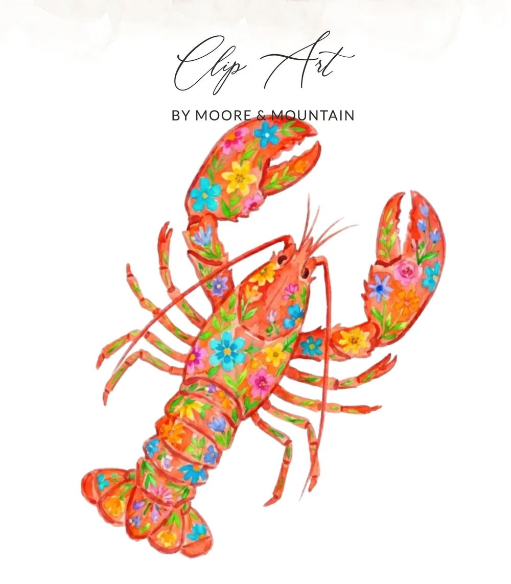 Coral lobster with colorful floral pattern, text "Clip Art by Moore & Mountain".