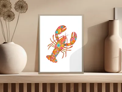 Colorful lobster illustration with floral patterns on a framed print.