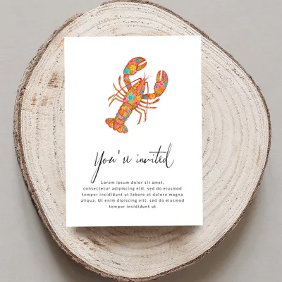 Card with floral lobster invitation text: "You're invited" and placeholder text.