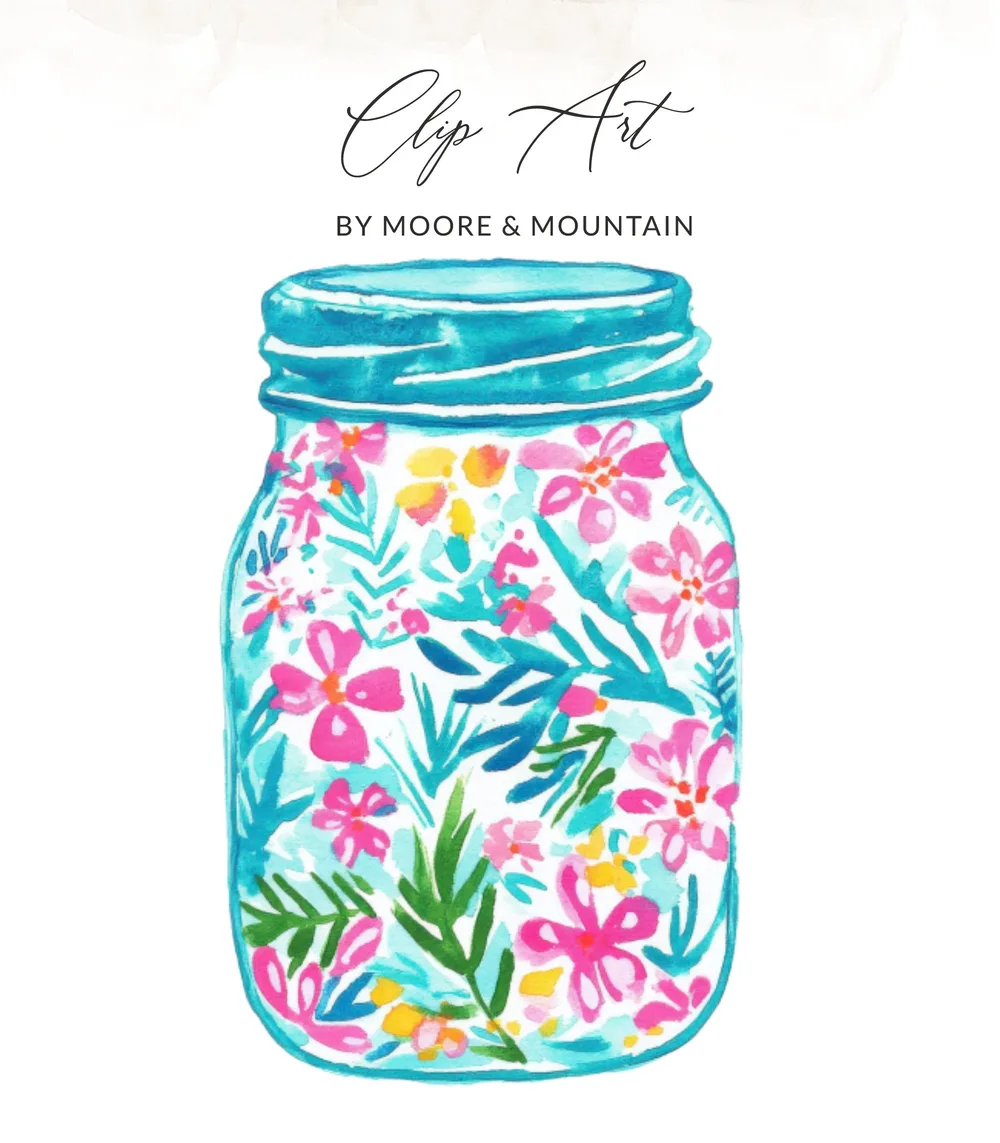 Watercolor mason jar filled with colorful pink, yellow, and blue floral art.