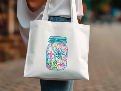 White tote bag with watercolor illustration of a mason jar filled with colorful flowers.