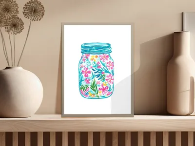 Watercolor painting of a mason jar filled with colorful flowers and greenery.