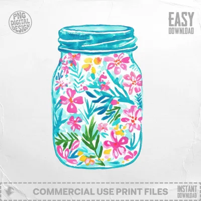 Watercolor illustration of a mason jar filled with pink and blue flowers and green leaves.