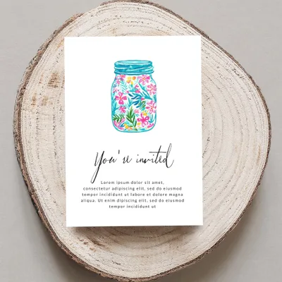 Watercolor mason jar with flowers, "You're invited" text, and placeholder copy.