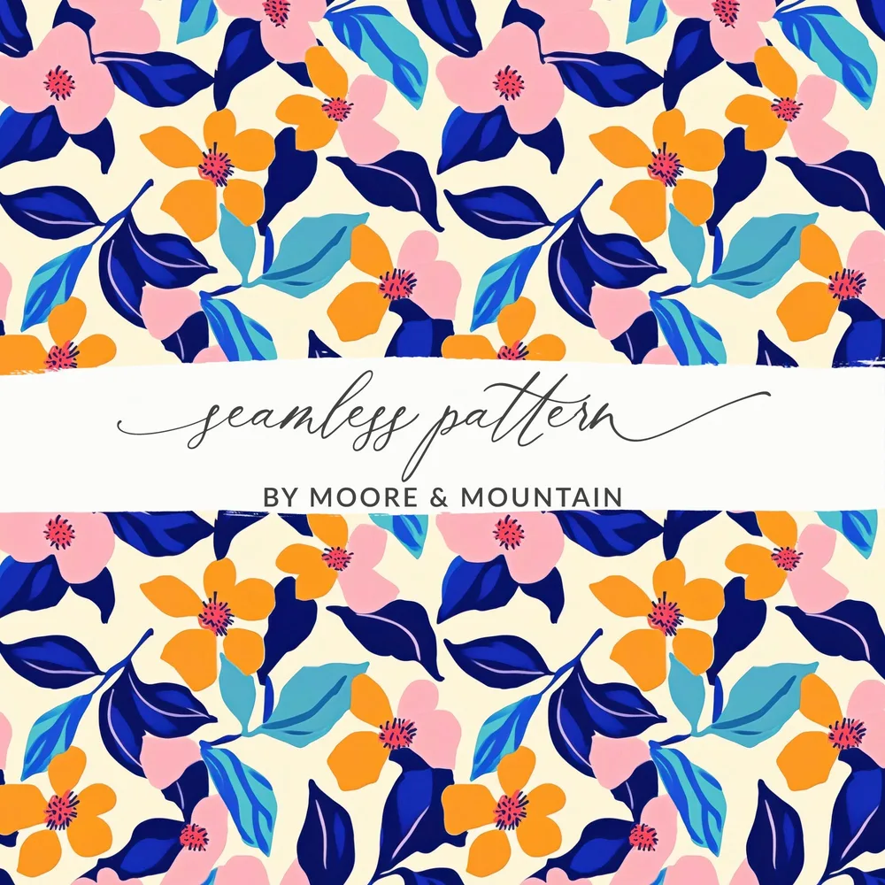 Vibrant Floral Seamless Pattern Digital Paper, Abstract Botanical Print, Bold Summer Flower Design, Blue Pink Orange Flowers Pattern File