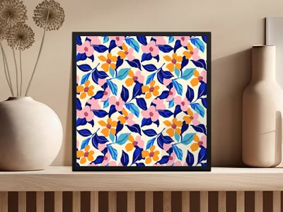 Framed art print with a colorful floral pattern of pink, orange, and blue flowers and leaves.