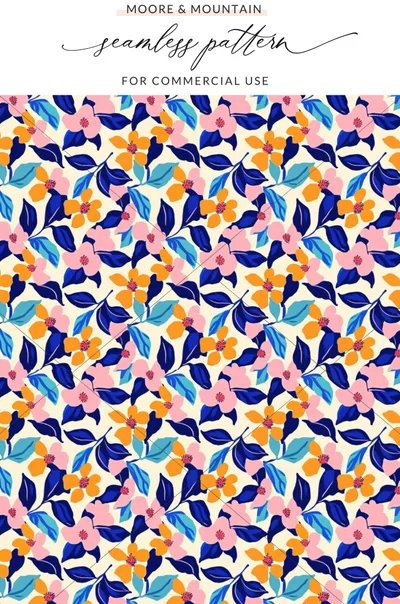 Seamless floral pattern with pink, blue, and orange flowers on cream background.