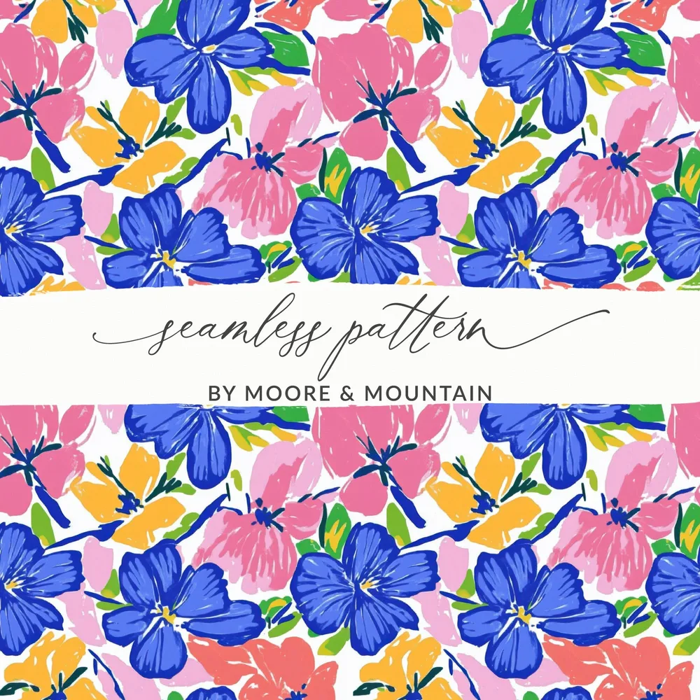 Seamless pattern of colorful blue, pink, and yellow flowers.