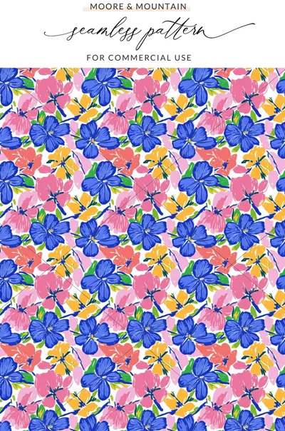 Blue and pink floral pattern on white background with text "Moore & Mountain".
