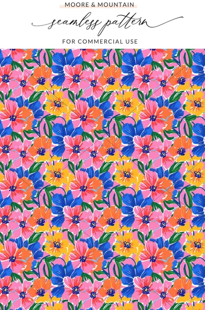 Seamless floral pattern with pink, blue, and yellow flowers on a blue background.