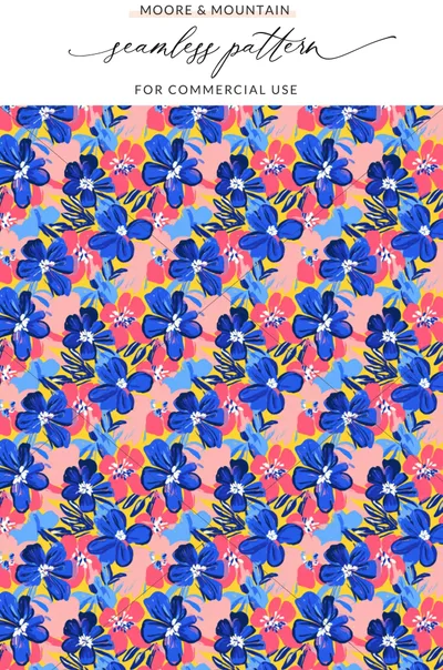 Blue flowers and pink accents on a yellow patterned background.