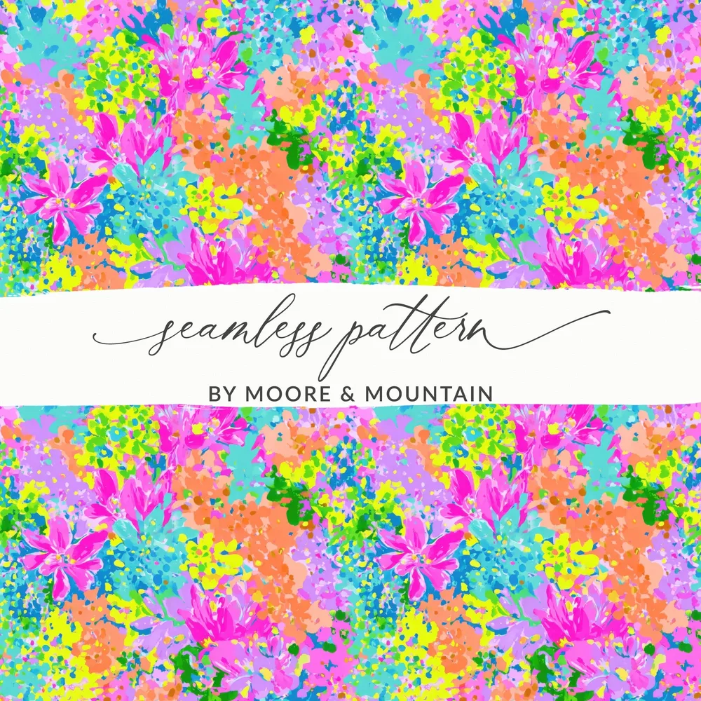 Seamless floral pattern with pink, blue, and orange abstract splotches.