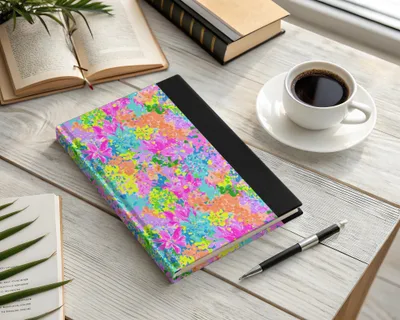 Colorful floral journal with a pen and coffee cup on a wooden desk.