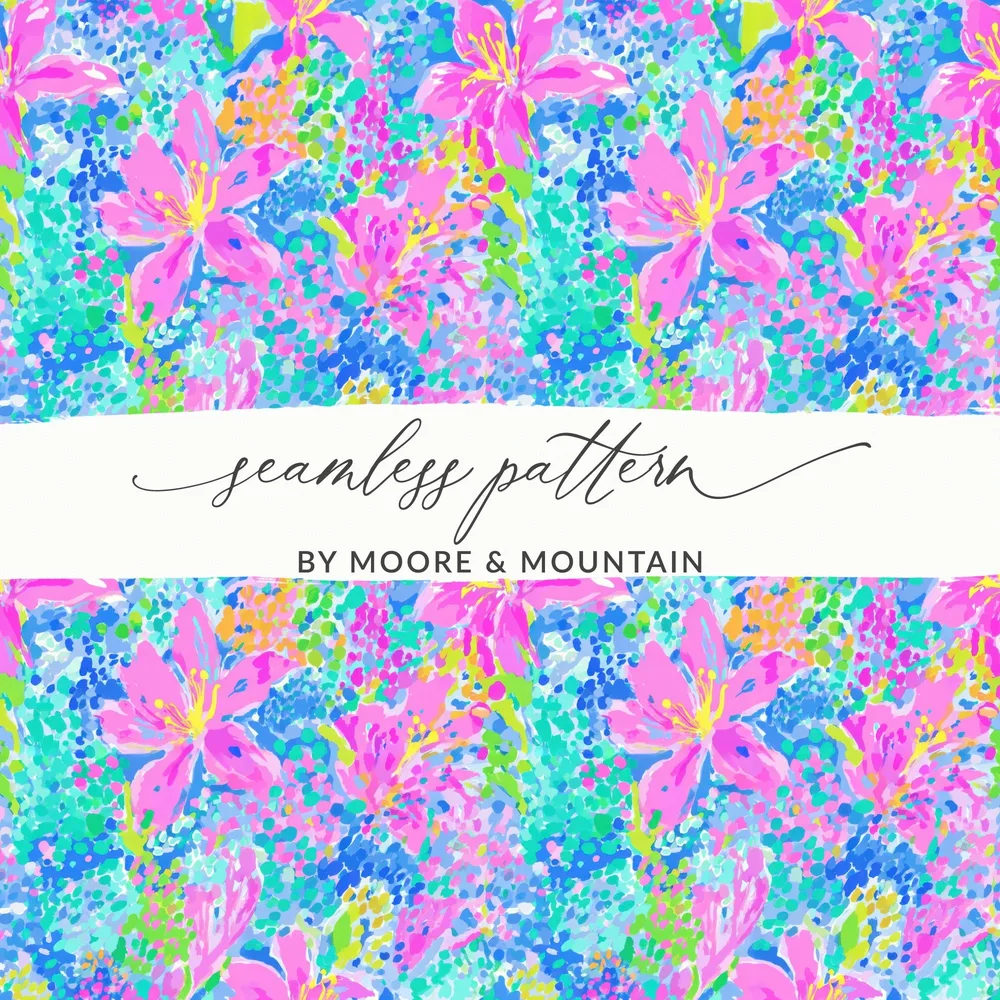 Seamless floral pattern with pink lilies and colorful abstract dots.