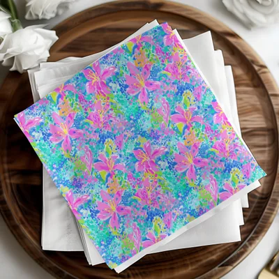 Colorful floral napkins with pink flowers on a wooden tray.