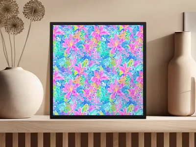 Colorful floral pattern on framed artwork displayed on a shelf.