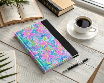 Colorful floral journal with pen and coffee on a wooden desk.