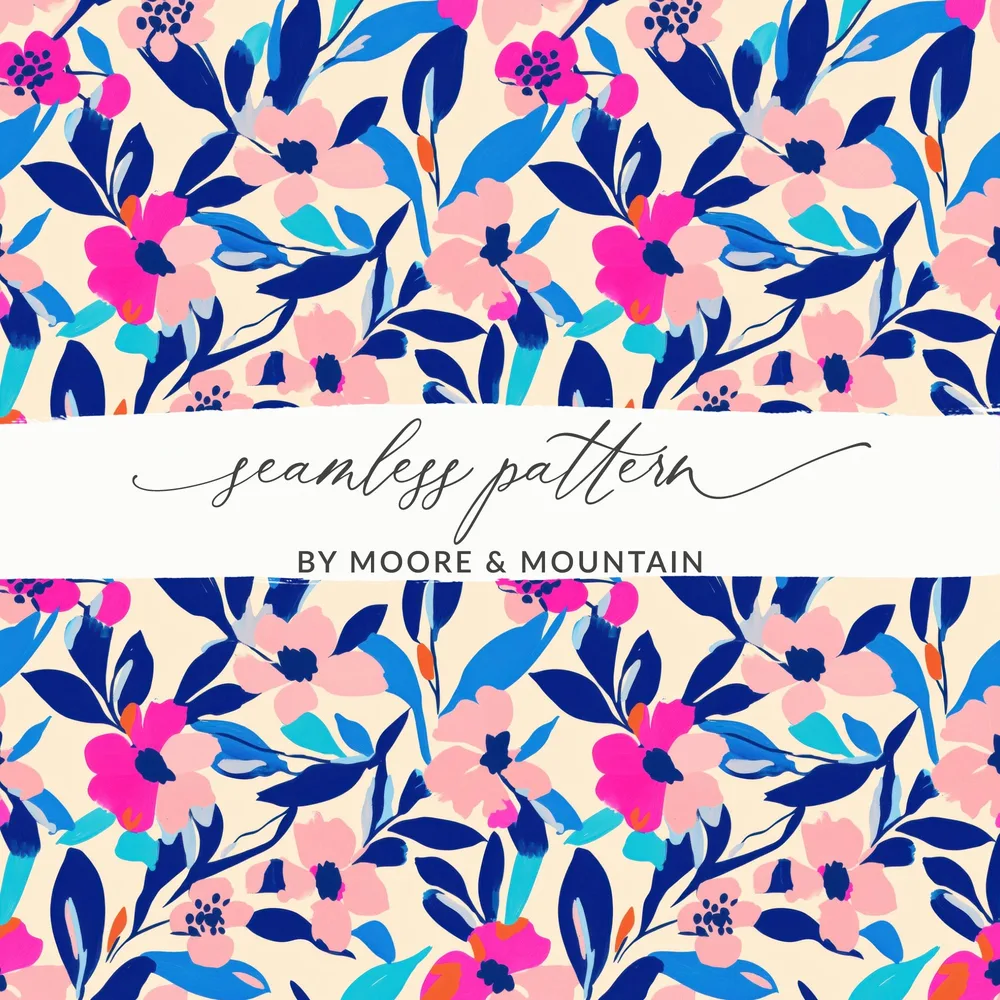 Seamless pattern with pink and blue floral motifs, text "seamless pattern BY MOORE & MOUNTAIN".