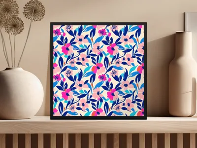 Framed artwork with vibrant pink and blue floral pattern on cream background.