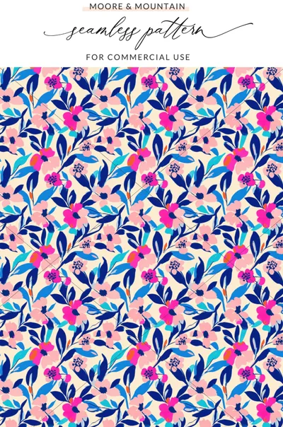 Seamless pattern with pink flowers and blue leaves on cream background.