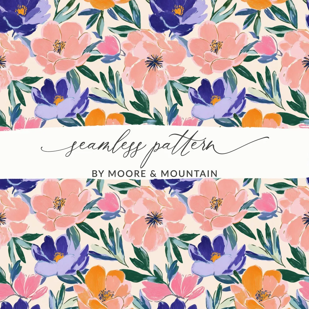 Seamless floral pattern with large brushstroke flowers in pink, purple, and orange.