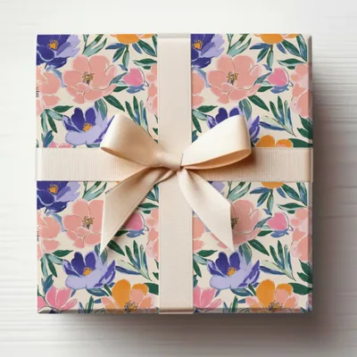 Gift-wrapped box with a floral pattern and a cream ribbon bow.