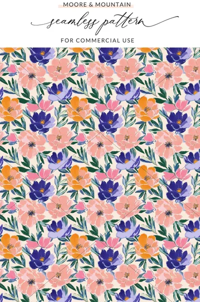 Seamless floral pattern in coral, purple, and orange on a cream background.
