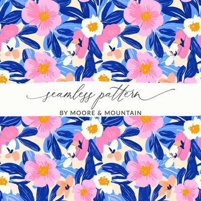 Vibrant Floral Seamless Pattern Digital Paper, Pink Blue Flower Fabric Design, Modern Botanical Print Commercial Use