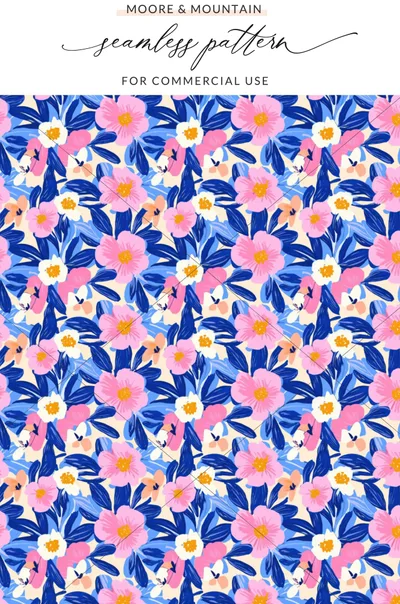 Floral pattern with pink and blue flowers on a blue and white background.