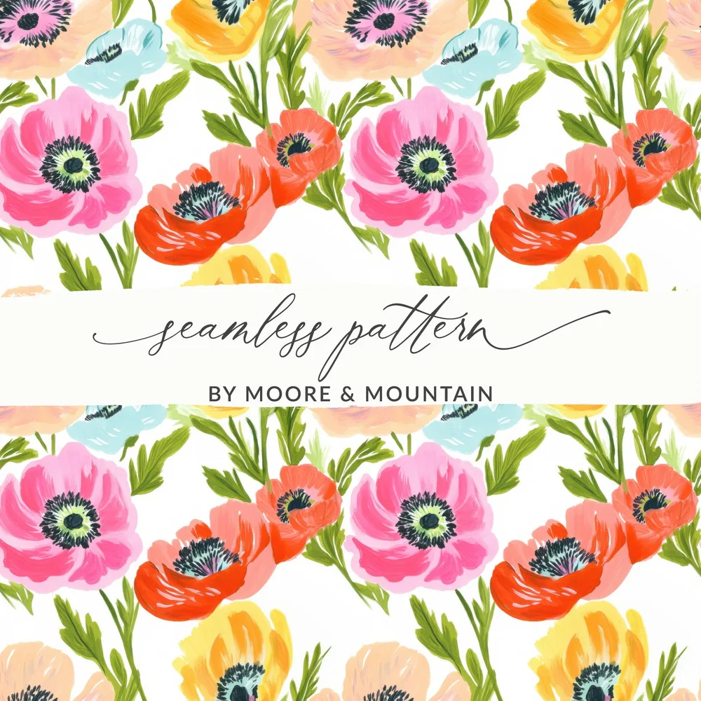 Seamless pattern of colorful poppies and floral elements by Moore & Mountain.