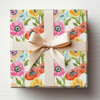 Gift-wrapped box with floral pattern and beige ribbon bow.