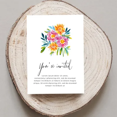 Invitation card with watercolor flowers and "You're invited" text.