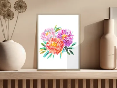 Watercolor painting of colorful pink, orange, and purple flowers in a vase.