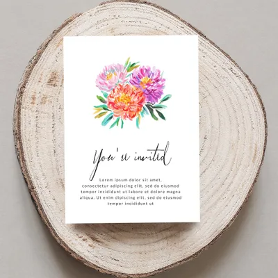 Invitation card with watercolor flowers and "You're invited" text.