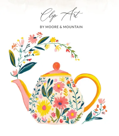 Vibrant Floral Teapot Watercolor Clipart, Preppy Digital PNG, Hand Painted Design, Commercial Use, Instant Download, Boutique Graphic, Tea
