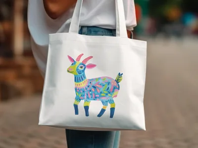White tote bag with a colorful illustrated goat design.