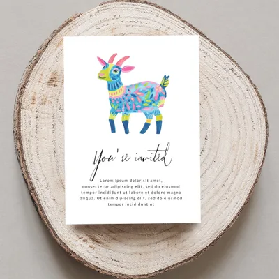 Card with a colorful goat illustration and "You're invited" text.