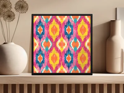 Colorful Abstract Ikat Pattern Framed Wall Art Decor