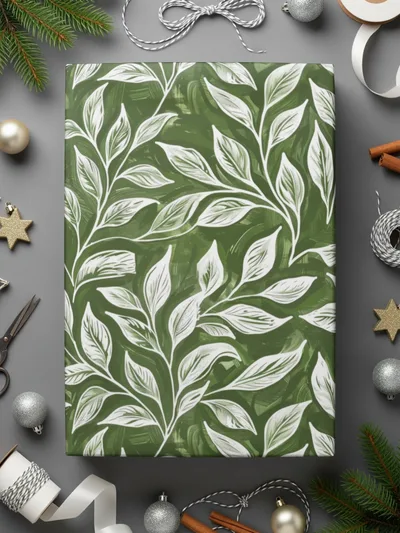 Festive Green and White Leaf Pattern Wrapping Paper