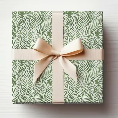 Elegant Green Leaf Pattern Gift Box with Cream Ribbon