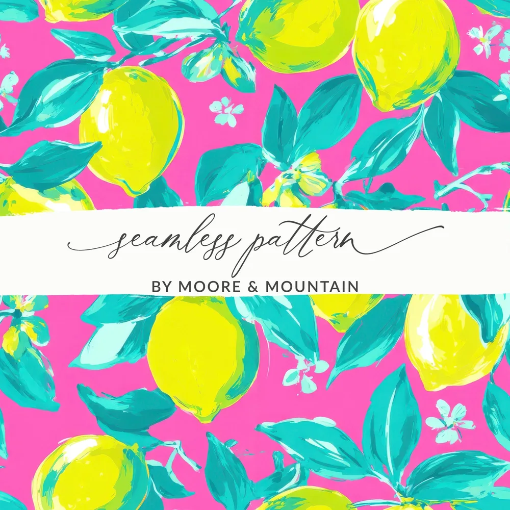 Seamless pattern of bright lemons and leaves on a pink background.