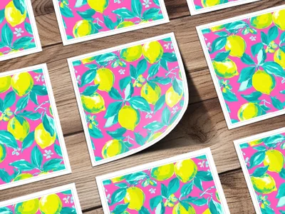 Bright pink background with repeating pattern of yellow lemons and green leaves.