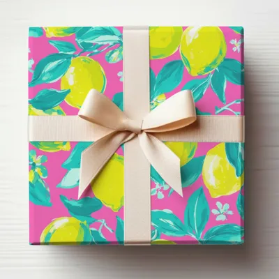 Gift wrapped with pink citrus pattern, yellow lemons, green leaves, and cream ribbon.