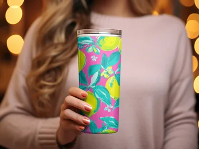 Woman holding a pink tumbler with a teal lemon and leaf pattern.