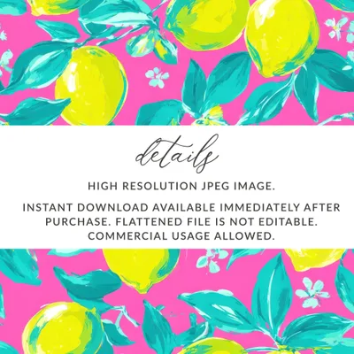 Lemons and leaves pattern on bright pink background with text overlay.