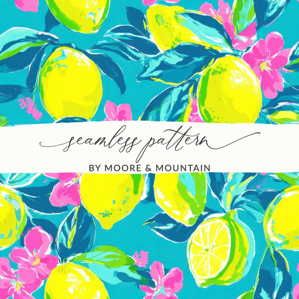 Seamless pattern of yellow lemons and pink flowers on a turquoise background.