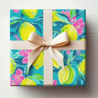 Bright teal gift wrap with a citrus and floral pattern, tied with a beige ribbon.