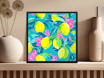 Framed artwork of bright yellow lemons and pink flowers on a turquoise background.