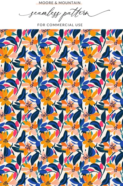 Seamless floral pattern with orange, blue, and pink flowers on a cream background.