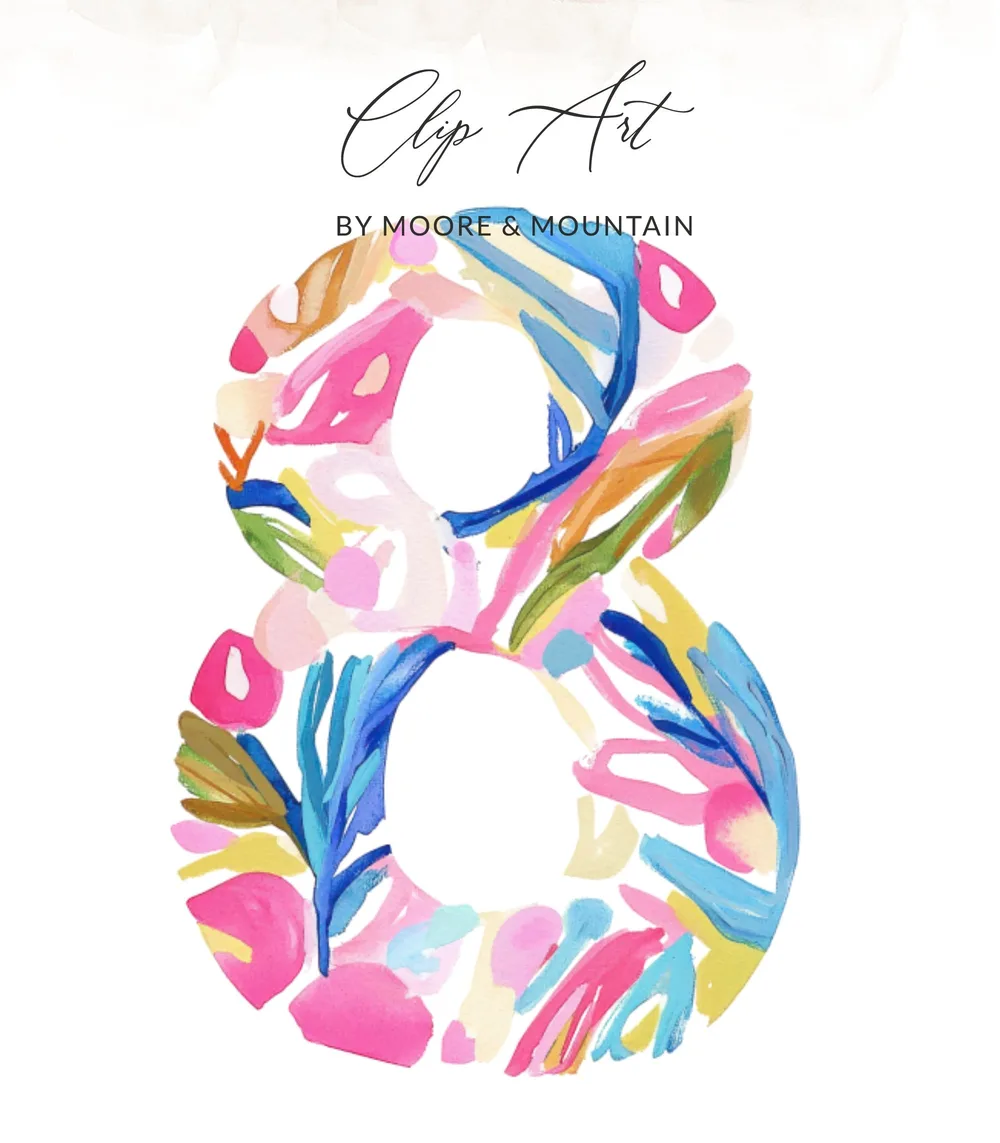 Vibrant Number 8 Watercolor Clipart, Preppy Painted Pink Blue Graphic, Hand Painted PNG Digital Download, Boutique Y2K Aesthetic Art